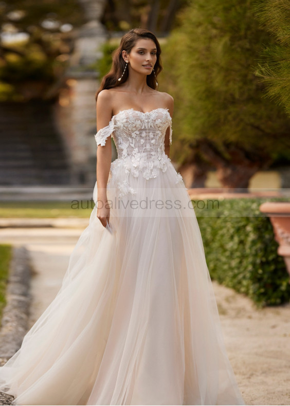 Off Shoulder Beaded 3D Lace Tulle Amazing Wedding Dress